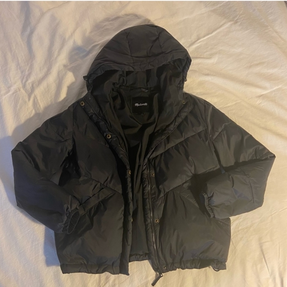 Madewell Chevron Puffer Black Hooded Zip-Up Packable Jacket XXS Primaloft Coat